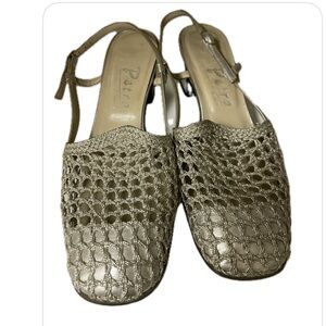 PETRA Italian Slingback Silver Woven Semi Pump Heel size 6.5
